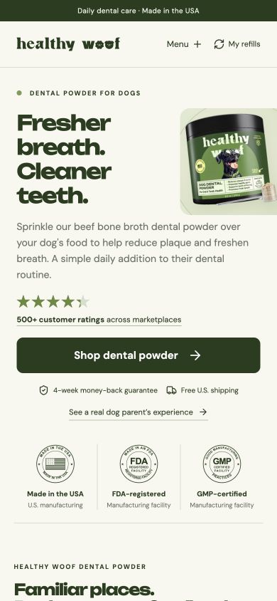 Página real de Healthy Woof, marca de cuidado para perros
